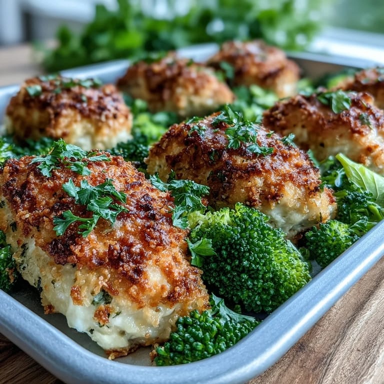 Tender chicken breasts topped with crunchy panko and Parmesan, paired with green roasted broccoli.