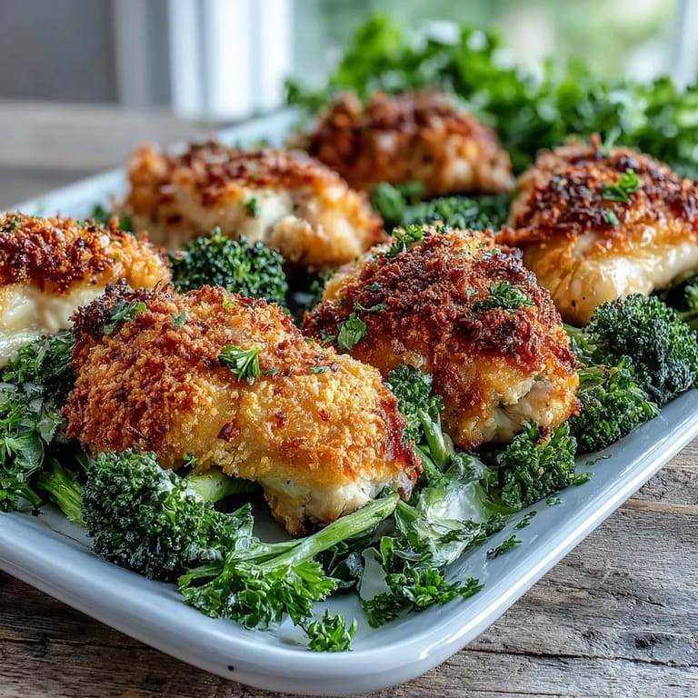 Crispy Parmesan Broccoli & Chicken Trays served fresh from the oven on a baking sheet.