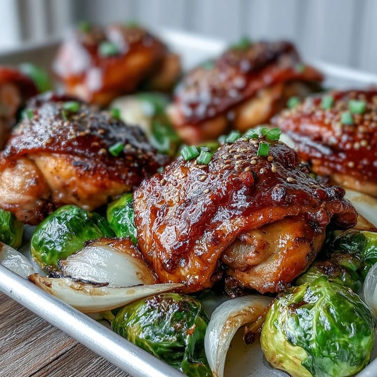 A close-up of glazed Sheet Pan Honey Mustard Chicken next to caramelized Brussels sprouts and red onion on a baking pan.
