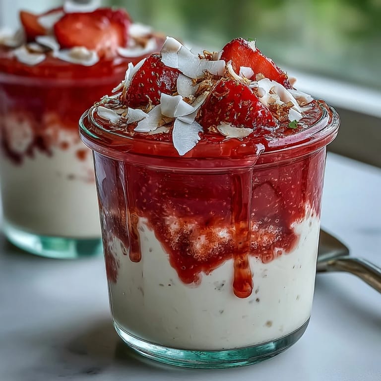 Thickened with coconut milk, this Strawberry Chia Seed Pudding showcases sliced strawberries and toasted coconut flakes for a refreshing snack.