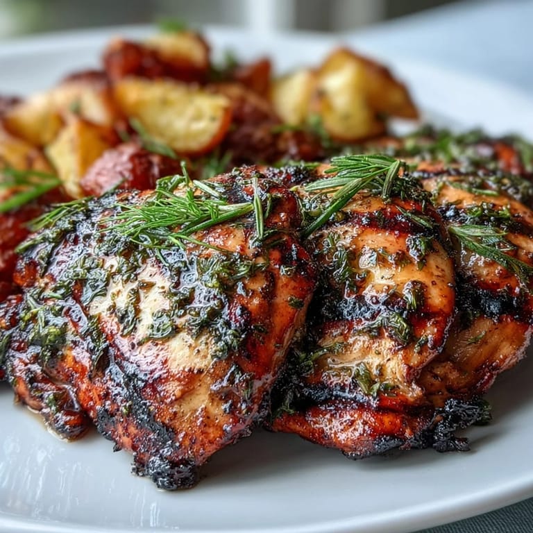 Tender Grilled Herb Chicken with Roasted Root Vegetables, garnished with fresh thyme and resting alongside vibrant, caramelized root vegetables.