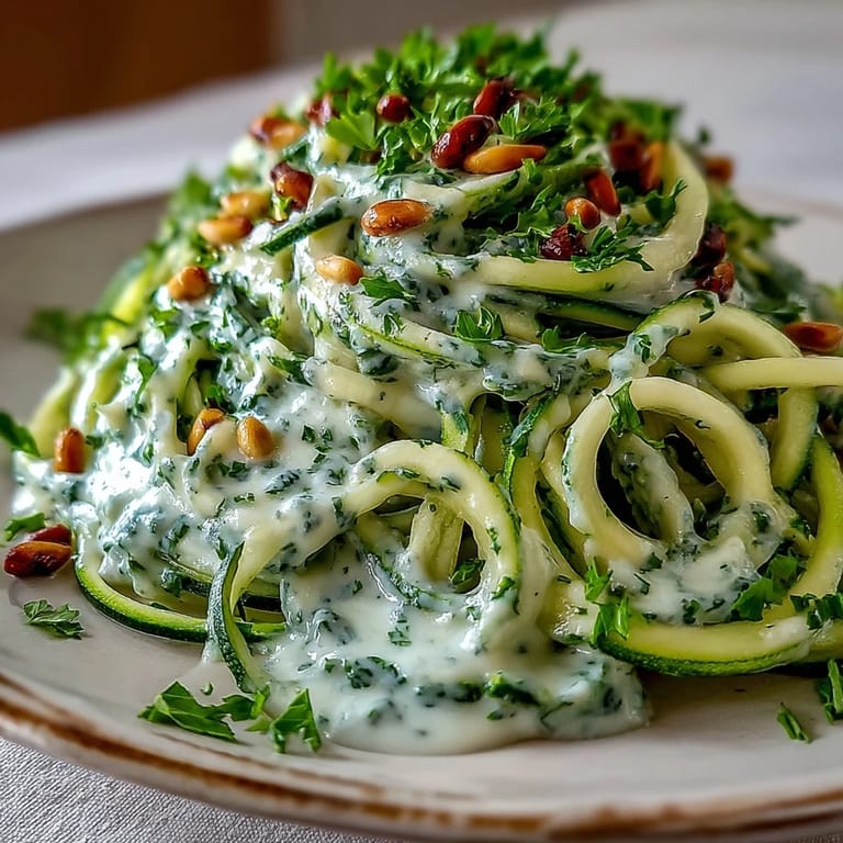 Freshly spiralized zucchini noodles are tossed in a luscious dairy-free cashew Alfredo, served warm and garnished with bright parsley.