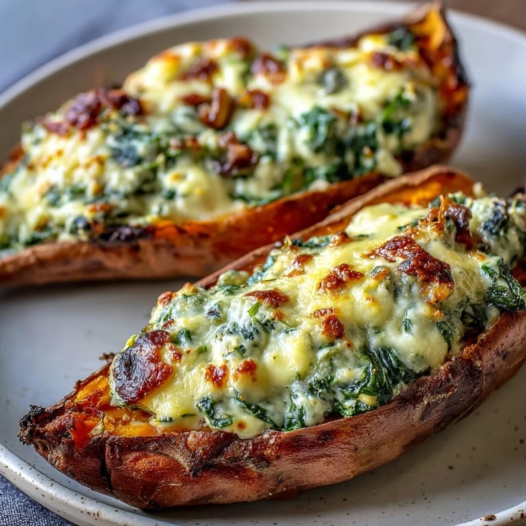 Vegetarian stuffed sweet potatoes bursting with garlicky mushrooms, wilted spinach, and rich, melty cheese topping.