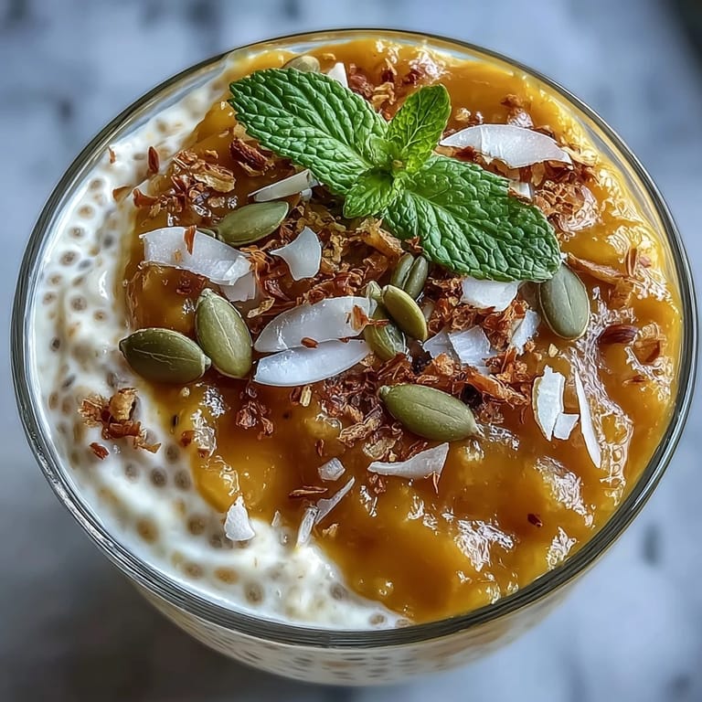 Slim mango coconut chia pudding breakfast cups topped with shredded coconut and pumpkin seeds.  