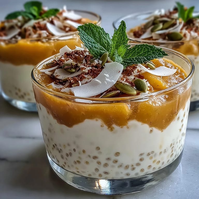 Refreshing vegan breakfast featuring mango coconut chia pudding in clear cups with mint garnish.