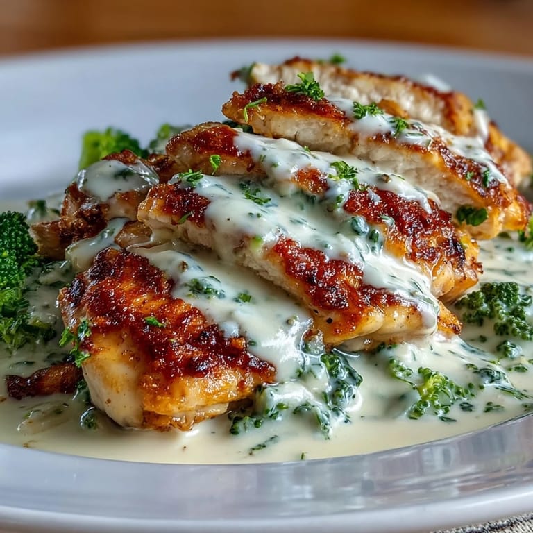 Golden sautéed chicken breast smothered in homemade Alfredo sauce, served over crisp-tender broccoli for a satisfying low-carb dinner.