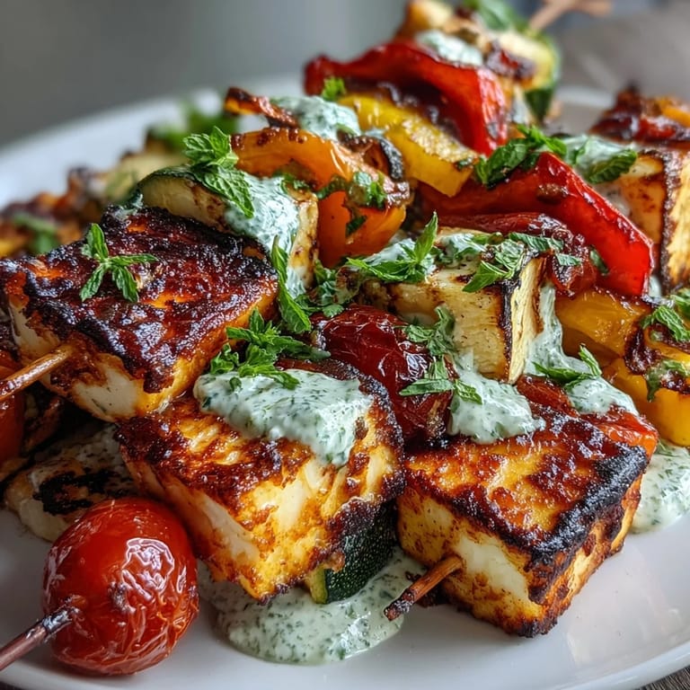 1. Vibrant grilled vegetable and halloumi skewers served with a creamy herb yogurt sauce—perfect for summer cookouts.