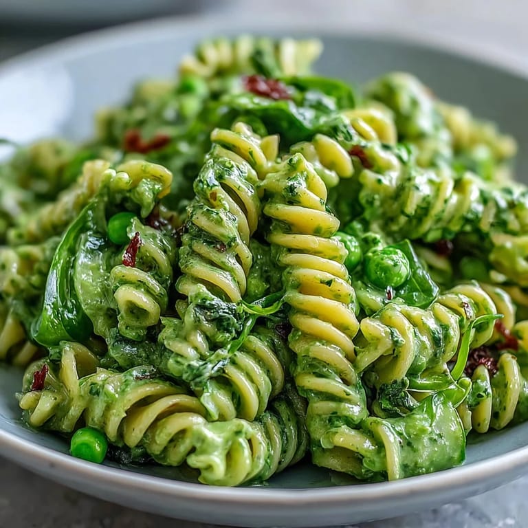 Bright green goddess pasta salad with basil, spinach, and cucumber, tossed in a tangy vegan dressing for a flavorful meal.