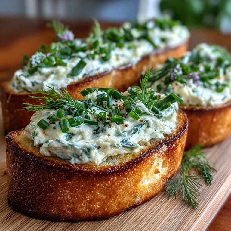 Golden, crisp baguette slices layered with herbed cream cheese and fresh herbs, ideal for entertaining.