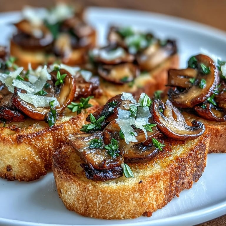 Crispy baguette slices with garlicky wild mushrooms, fresh thyme, and Parmesan for a savory appetizer.