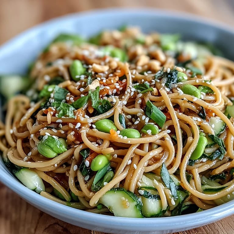 This colorful Sesame Ginger Noodle Bowl features crisp cucumber, sweet carrots, and protein-rich edamame tossed in a silky sesame-ginger dressing, perfect for warm weather dining.