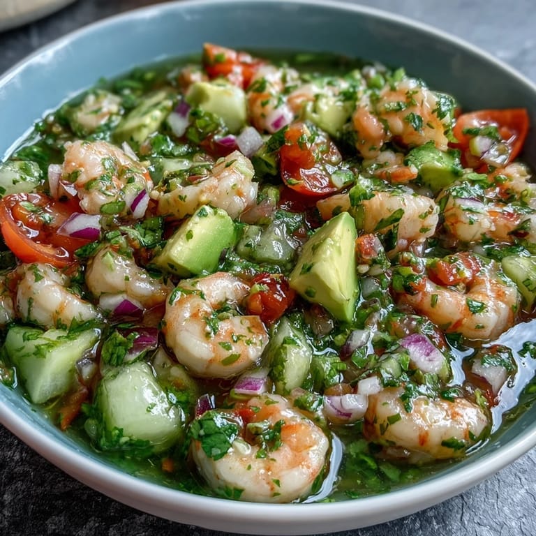 Zesty shrimp marinated in lime juice with jalapeño and red onion, mixed with creamy avocado and crisp cucumber for a refreshing appetizer.  