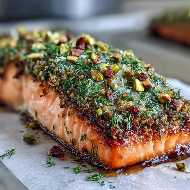 Crispy pistachio and herb crusted salmon filets, seared to perfection with a crunchy texture and vibrant green topping.