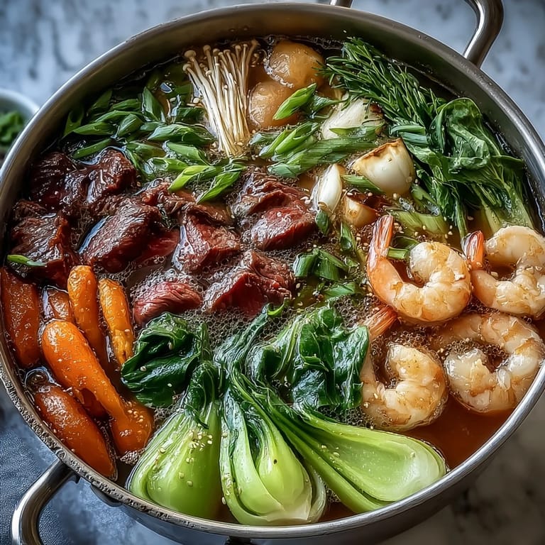 Asian Hot Pot Interactive: Guests gather around a simmering pot, cooking an assortment of meats, seafood, and vegetables in aromatic broth.  