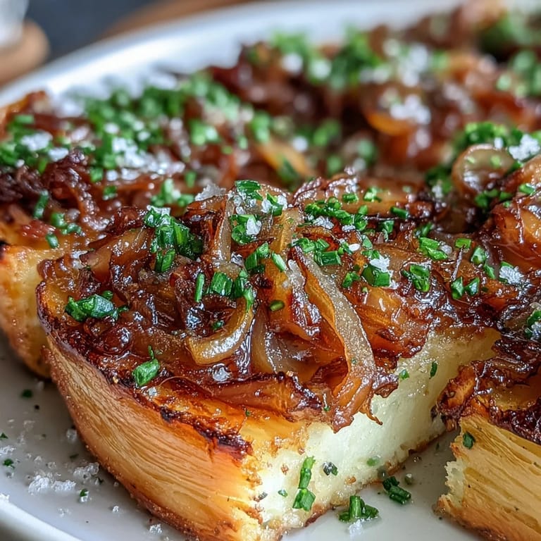 Rich, buttery board topped with deeply caramelized onions, sprinkled with chives and sea salt, ready for spreading on fresh bread.