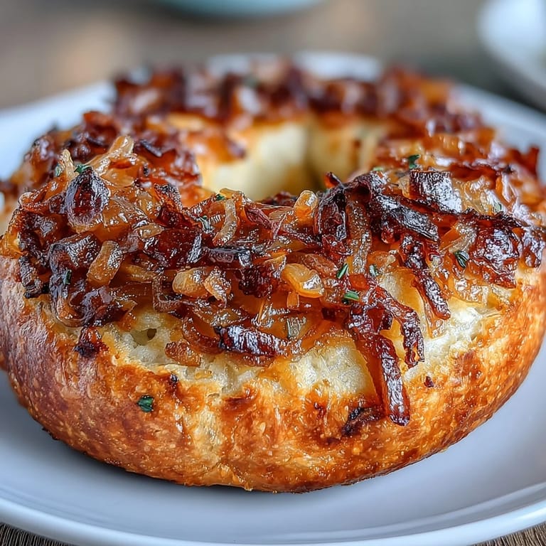 Fluffy, tangy sourdough bagels loaded with caramelized onions, offering a savory twist on classic breakfast bread.