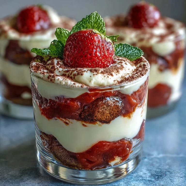 Romantic strawberry tiramisu cups featuring creamy mascarpone, juicy berries, and coffee-infused ladyfingers in elegant individual servings.