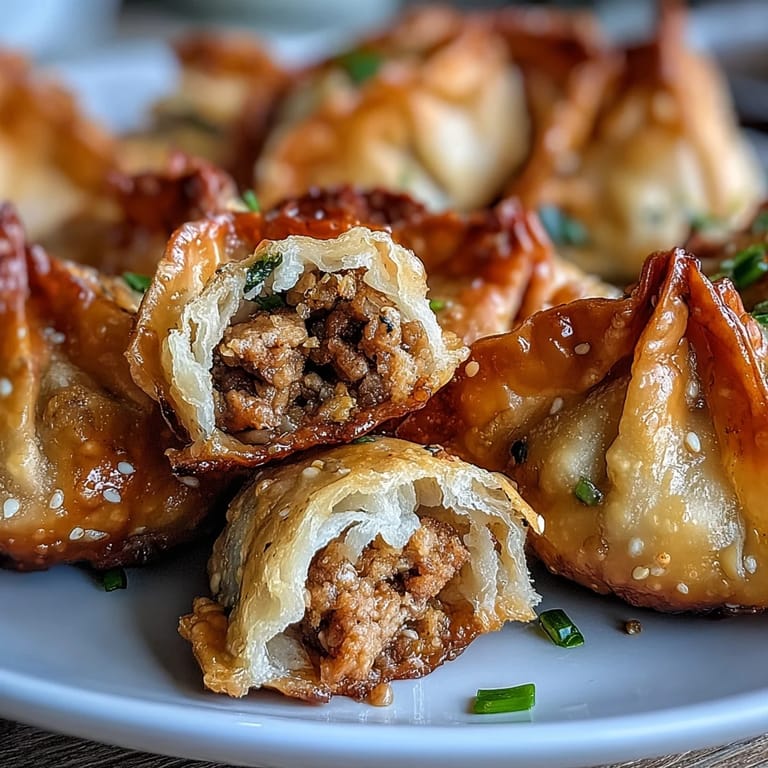 Delicious air-fried pork dumplings with chili oil, offering a crispy, savory bite for any Asian cuisine lover.