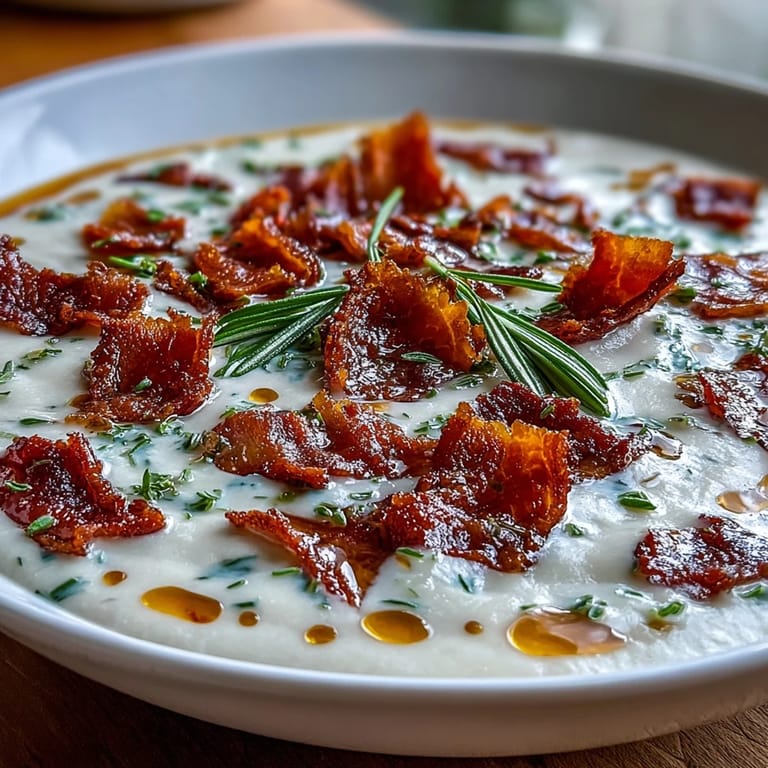 Velvety soup made with tender white beans, smoky bacon, and fresh rosemary, garnished with a drizzle of olive oil.