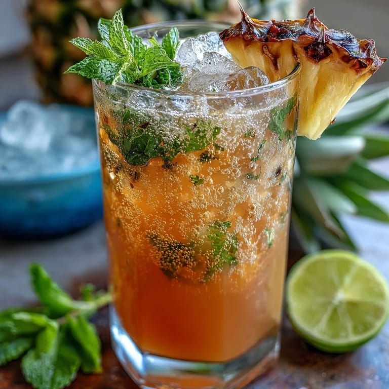 Vibrant non-alcoholic pineapple ginger drink with sparkling water, served over ice with tropical fruit.  