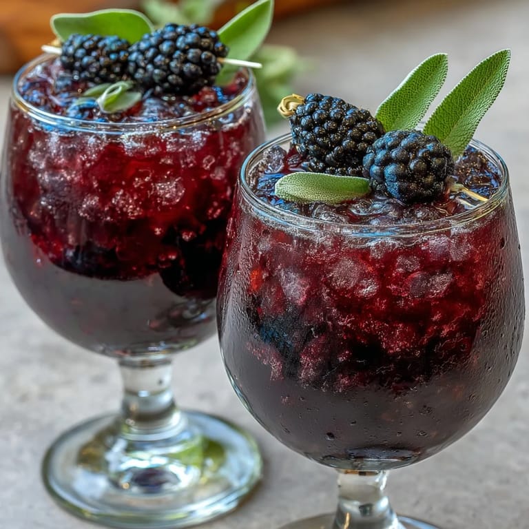 Non-alcoholic blackberry sage cooler with muddled fruit, aromatic herbs, and sparkling citrus served over crushed ice.