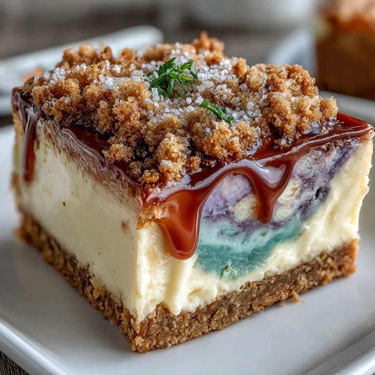 Festive King Cake Cheesecake Bars with swirled colors and vanilla icing, served chilled for a sweet and creamy Mardi Gras treat.