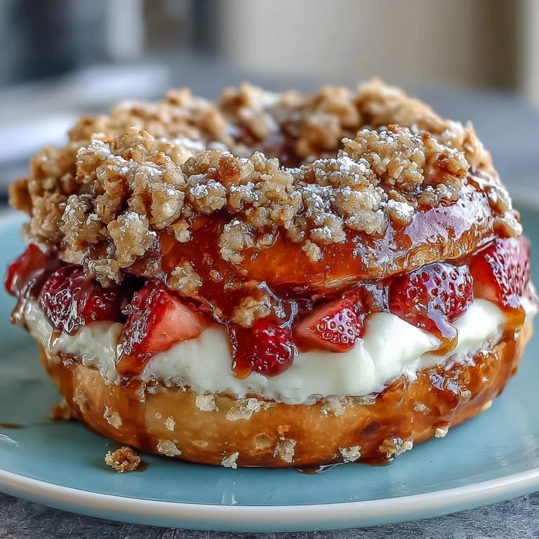 High-protein strawberry bagels with luscious cheesecake filling and buttery crumble topping, perfect for a nutritious breakfast or snack.