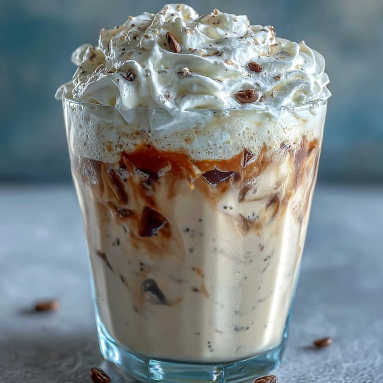 Blended vanilla frappuccino featuring homemade cold brew ice cubes, served in two glasses with generous whipped cream topping.
