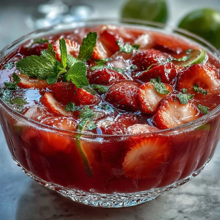 A large bowl brimming with chilled strawberry daiquiri punch, featuring floating lime wheels, fresh berries, and a splash of rum.