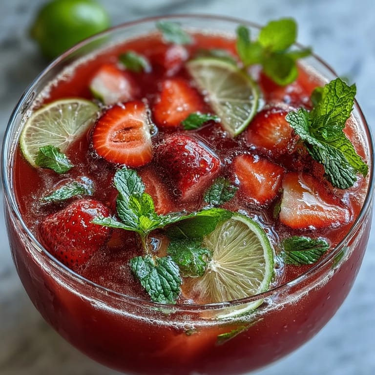 A festive serving of strawberry daiquiri punch with frozen strawberries, sparkling water, and lime, perfect for spring celebrations.