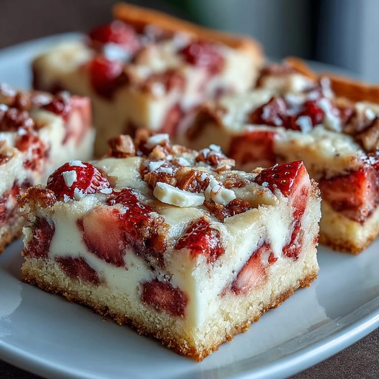 3. Delicious strawberry cookie bars featuring ripe strawberries and white chocolate, baked to golden perfection for a sweet treat.