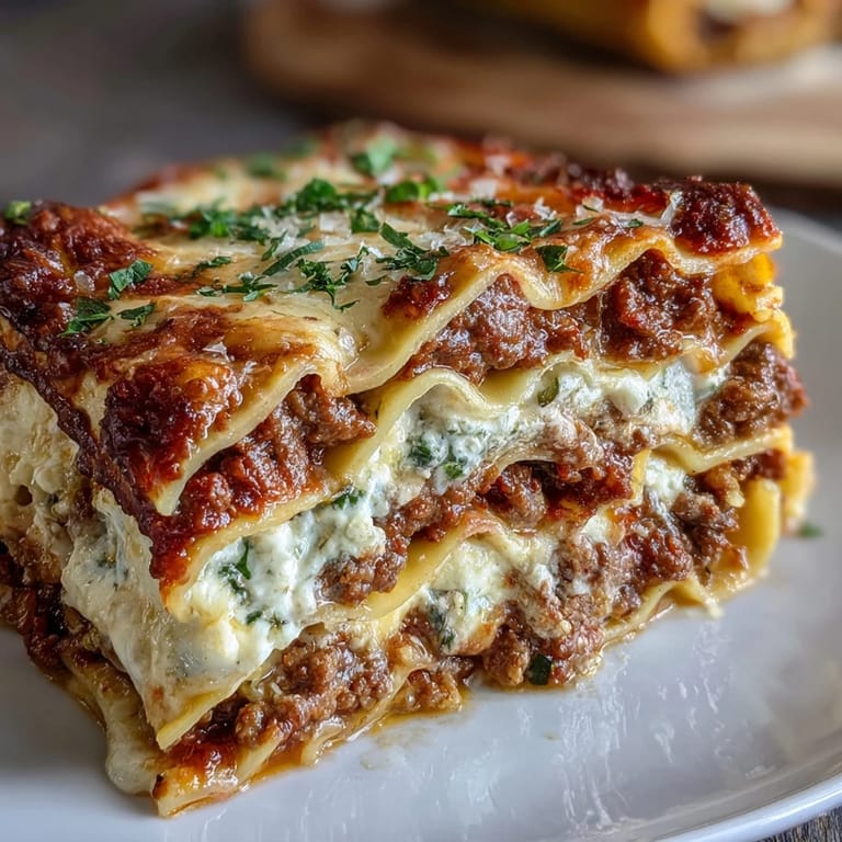 Golden-baked lasagna with rich meat sauce, creamy ricotta, and melted mozzarella cheese, perfect for family dinners.