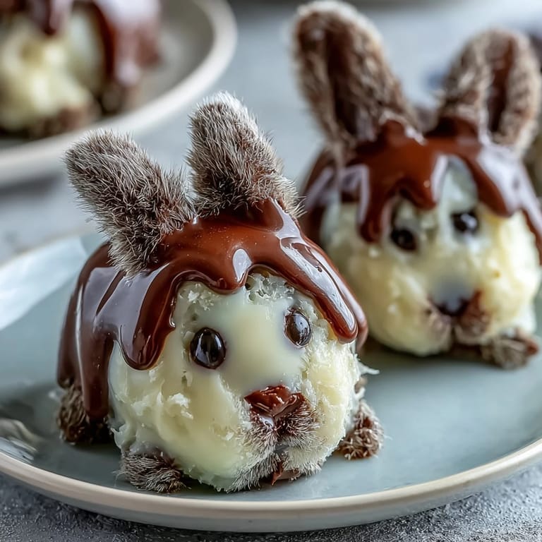 Sweet strawberries transformed into bunny shapes with white chocolate and candy eyes, drizzled with dark chocolate accents.