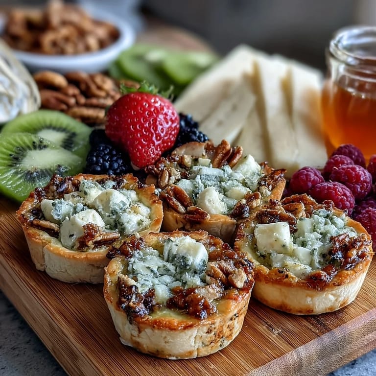 Elegant Mothers Day brunch board featuring savory mini quiches, vibrant fruit, assorted cheeses, and mini croissants for a festive meal.