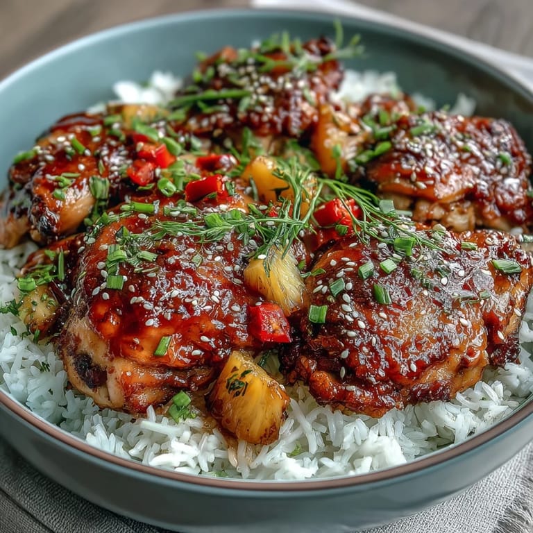 Family-style Pineapple Chicken and Rice Bake with Teriyaki Glaze, showcasing tender chicken, vibrant bell peppers, and caramelized pineapple in a savory-sweet teriyaki sauce.