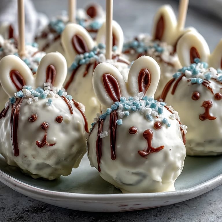Festive Easter bunny cake pops coated in smooth white chocolate, decorated with candy ears and whiskers for a fun spring dessert.