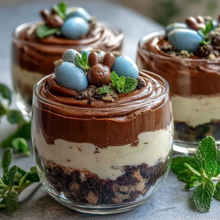Chocolate Pudding Easter Dirt Cups - velvety chocolate pudding layered over crushed Oreos, finished with whipped topping and playful bunny candies, perfect for Easter celebrations.