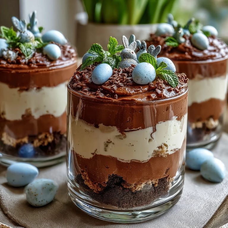 Whimsical Easter Bunny Dirt Cups - rich chocolate pudding and Oreo crumbles in clear cups, decorated with marshmallow bunnies and candy eggs for a fun, kid-friendly dessert.