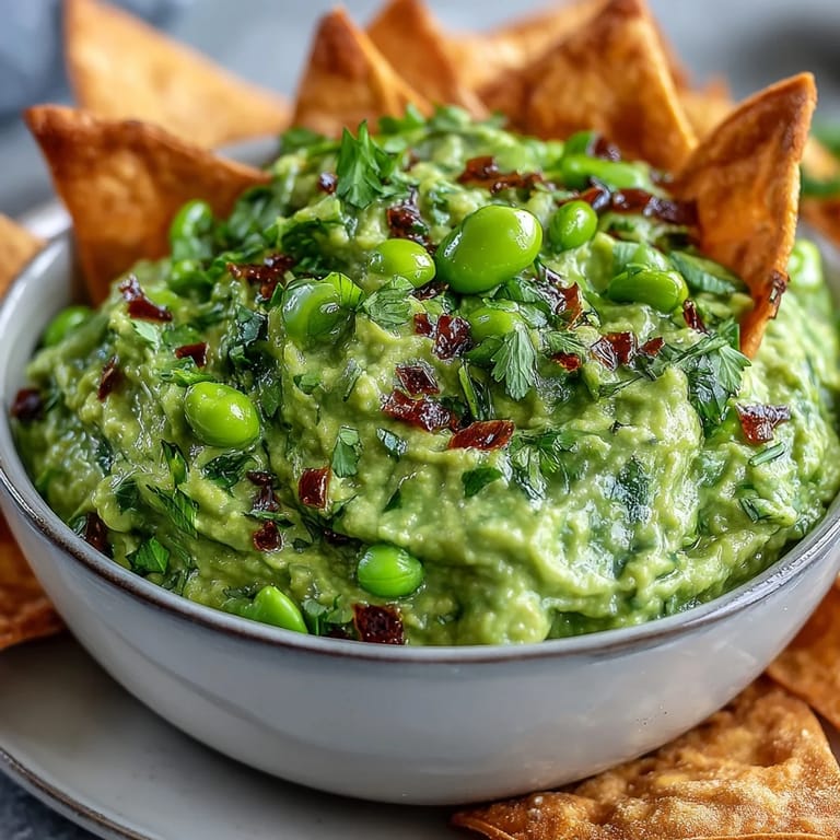 Protein-packed edamame guacamole blended with ripe avocado, served alongside warm, seasoned pita chips for a flavorful appetizer.