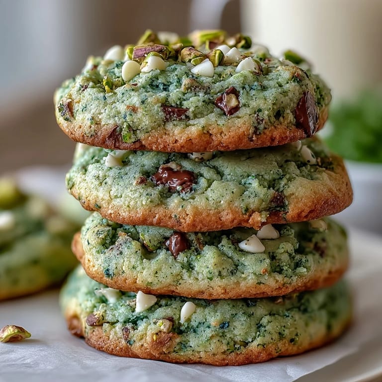 Festive green pistachio cookies with white chocolate chips, perfect for St. Patrick's Day dessert.