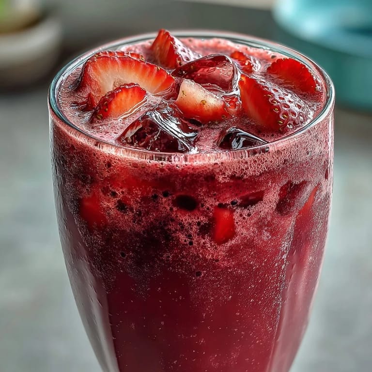 A tropical-inspired pink beverage topped with fresh strawberry slices, showcasing the luscious combination of açaí and coconut in every sip.