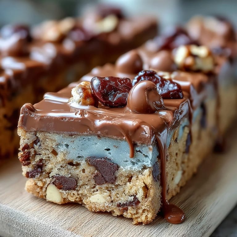 Soft and chewy cookie bars bursting with chocolate chips and vibrant candy pieces, finished with a glossy white chocolate drizzle.