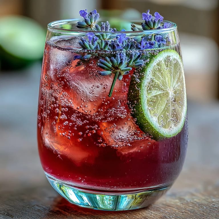 Chilled glasses of lavender lemonade spritz topped with sparkling wine and garnished with lemon wheels and lavender.