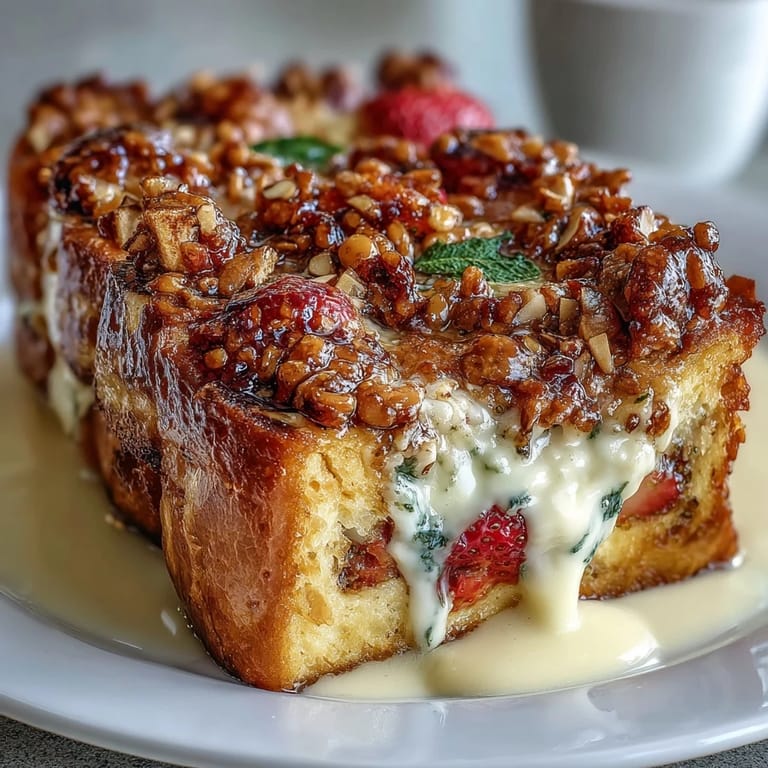 Layered strawberry French toast casserole with creamy custard, sliced almonds, and turbinado sugar, ready for a festive spring brunch.