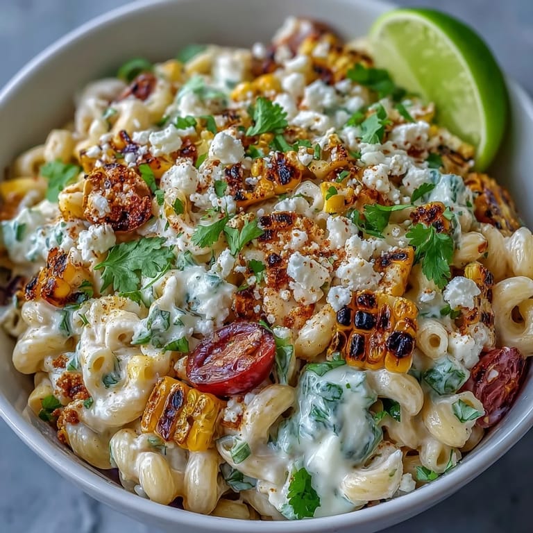Creamy Elote Pasta Salad with Cotija cheese, juicy cherry tomatoes, and a zesty lime-chili dressing, perfect for summer gatherings.  