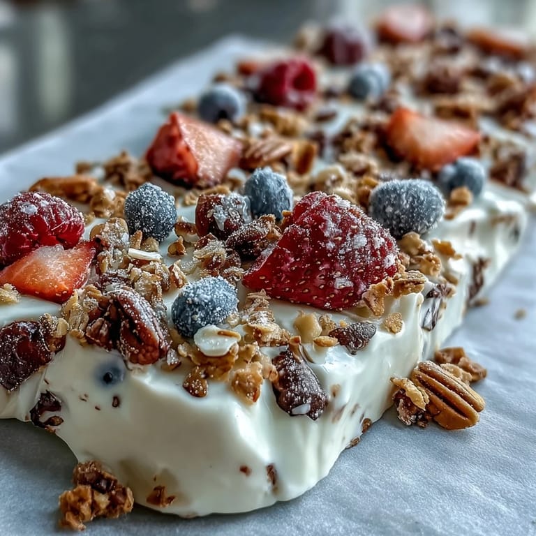 Creamy yogurt base layered with fresh berries and granola, frozen into colorful, easy-to-break snack squares.