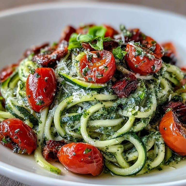 Vibrant spiralized zucchini with homemade pesto and sweet cherry tomatoes, perfect for a quick, low-carb summer meal.  