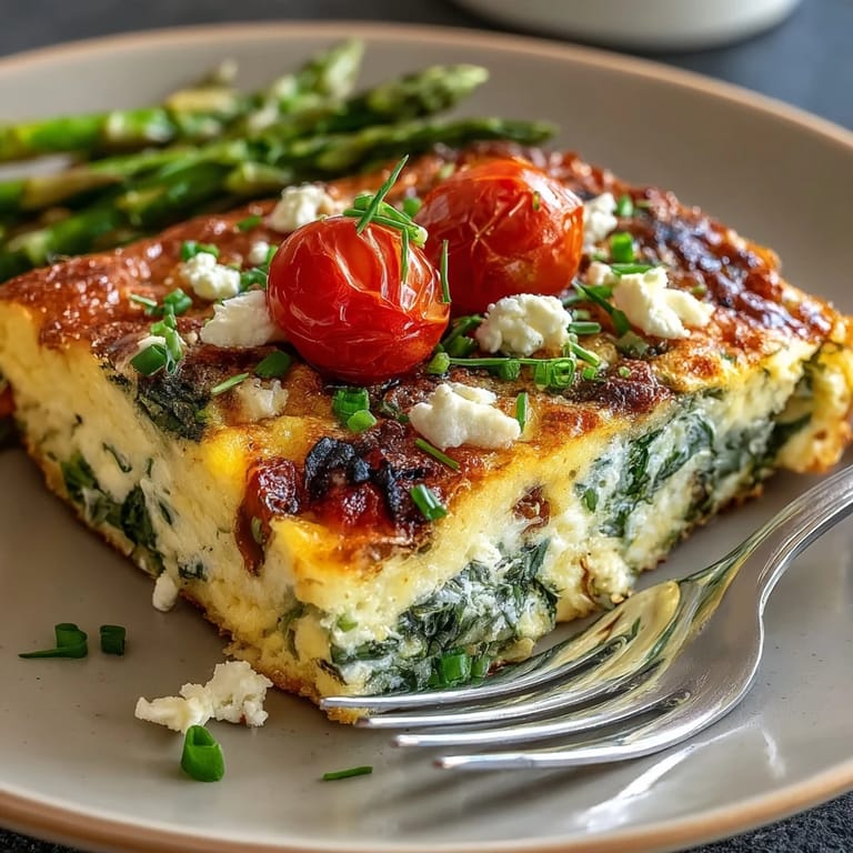 Fluffy egg bake loaded with spring vegetables and fresh herbs, sliced into squares for an easy Easter brunch centerpiece.  