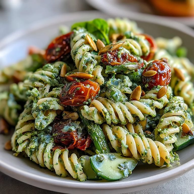 Vibrant green goddess pasta salad featuring al dente fusilli tossed in basil-avocado dressing, garnished with pumpkin seeds and fresh herbs.  