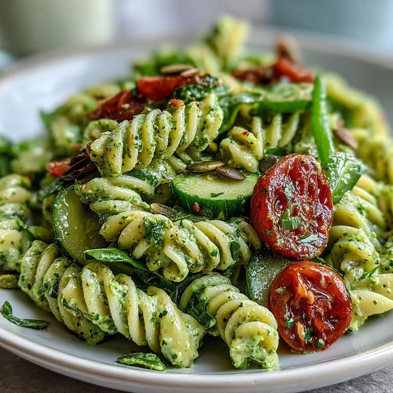 Colorful green goddess pasta salad with crisp vegetables and creamy Greek yogurt dressing, ideal for summer picnics or easy dinners.